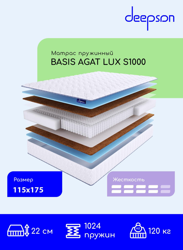 Матрас, ортопедический матрас Deepson BASIS AGAT LUX S1000 выше средней жесткости, Полутороспальный, #1