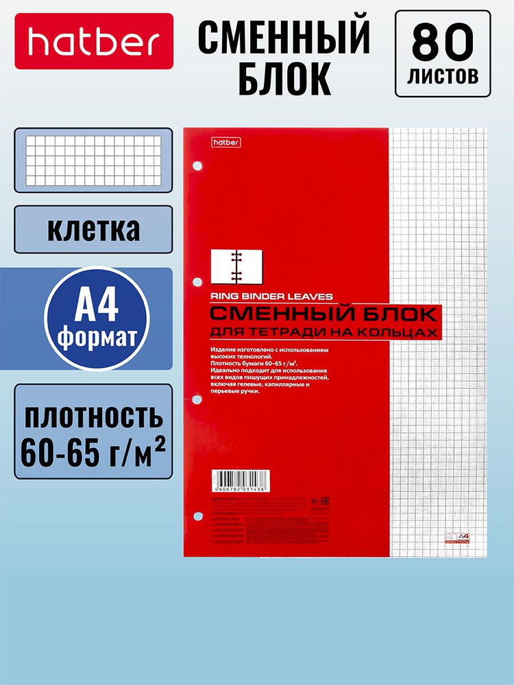 Сменный блок для тетрадей на кольцах Hatber 80 листов в клетку А4, универсальная перфорация  #1