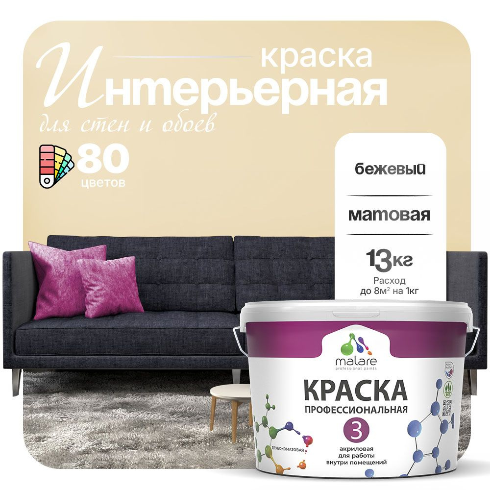 Краска Malare Professional Euro №3 интерьерная для стен и обоев, для потолка, акриловая, быстросохнущая, #1