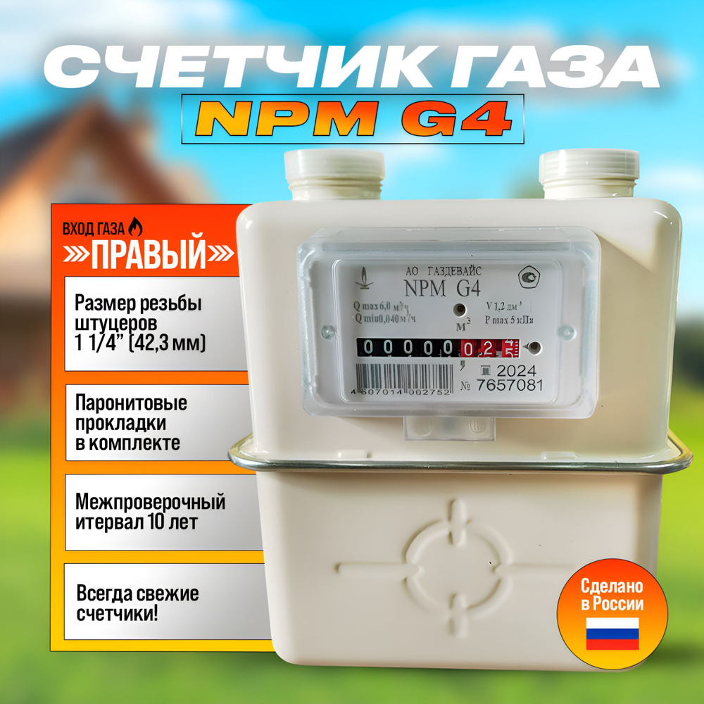 Счетчик газовый бытовой NPM-G4 правый (м о 110 мм, резьб. соед. 32) 2024г.  #1