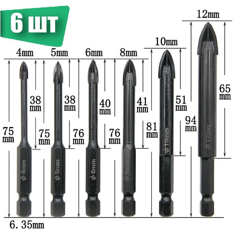 Сверла универсальные с победитовым наконечником, набор 6 шт. в пластиковом боксе  #1