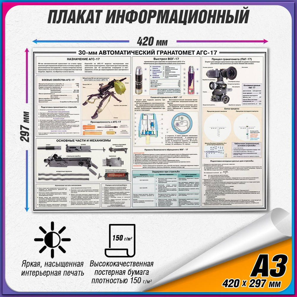 Информационный учебный плакат "30-мм Автоматической Гранатомет АГС-17" / А3 (42x30 см.)  #1