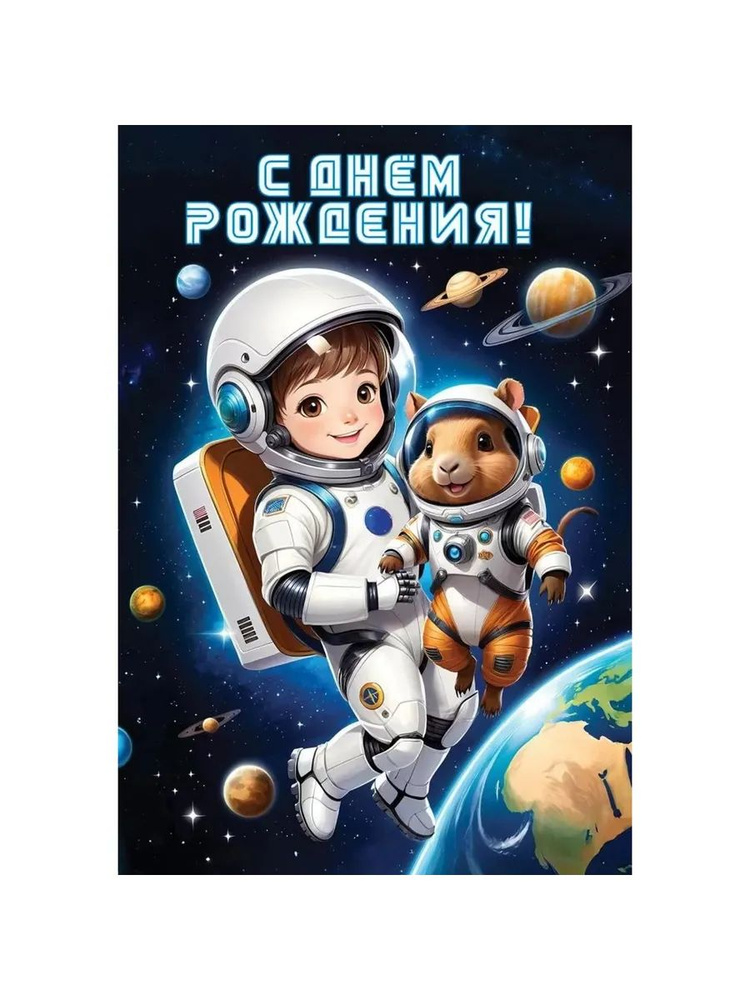 Открытка, С Днем Рождения! (юные космонавты), 12,6*18,2 см, #1