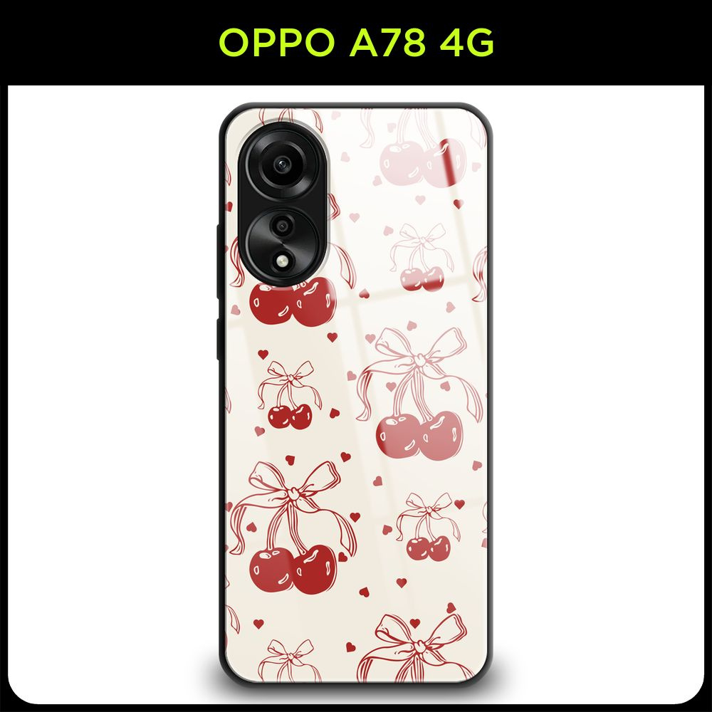 Стеклянный чехол на Oppo A78 4G / Оппо А78 4G с принтом "Новогодний - Вишни с бантиком паттерн 1"  #1