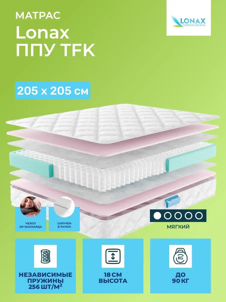 Матрас 205х205 Lonax ППУ TFK, независимые пружины, двусторонний с одинаковой жесткостью, мягкий, пенополиуретан, #1