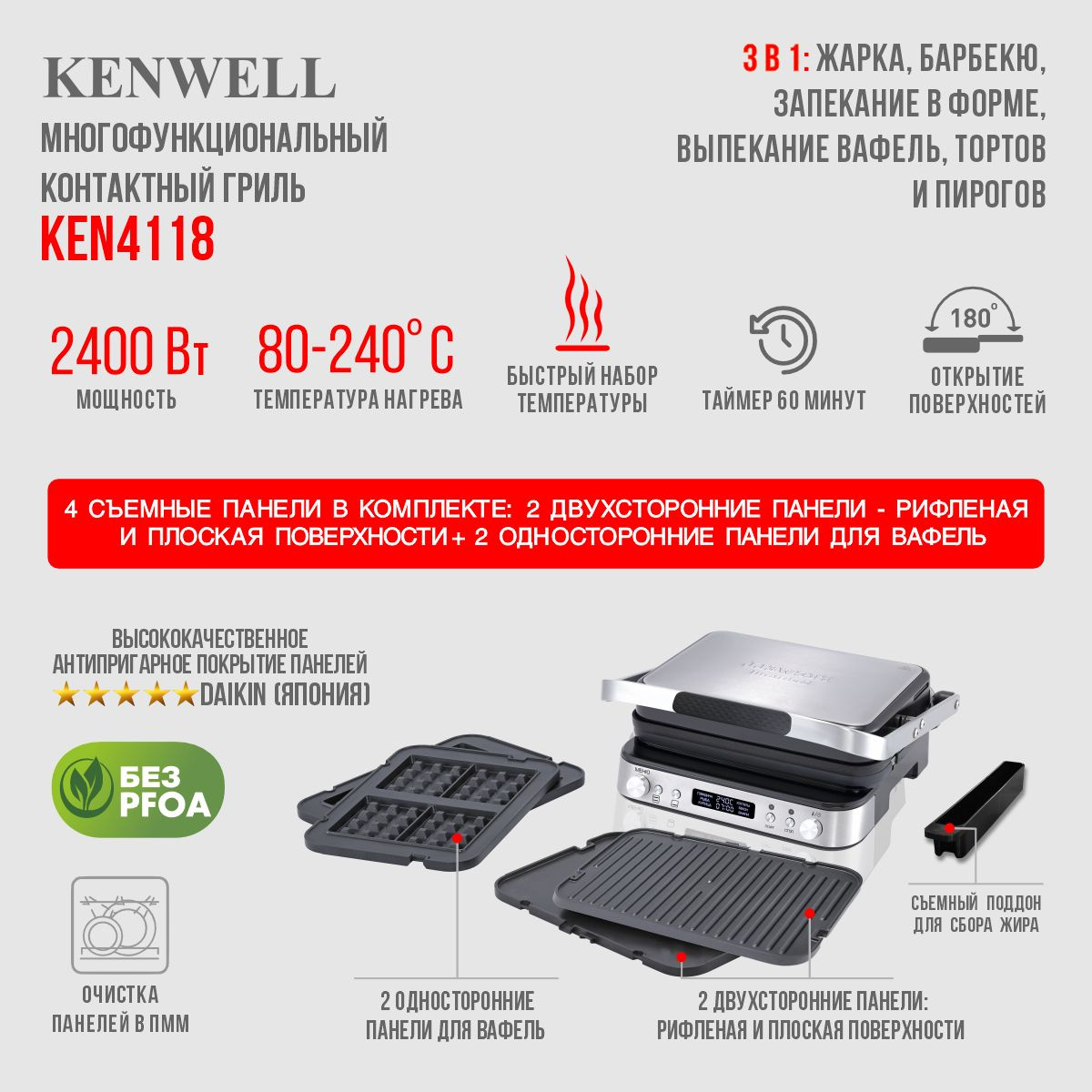 Гриль контактный электронный 3 в 1 KENWELL KEN4118 купить на OZON по ...