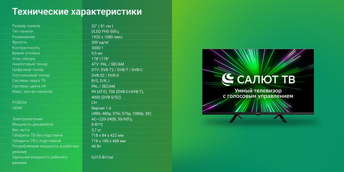 Digma Телевизор DM-LED32SBB36, Smart TV, Салют ТВ, Dolby, голосовое ...