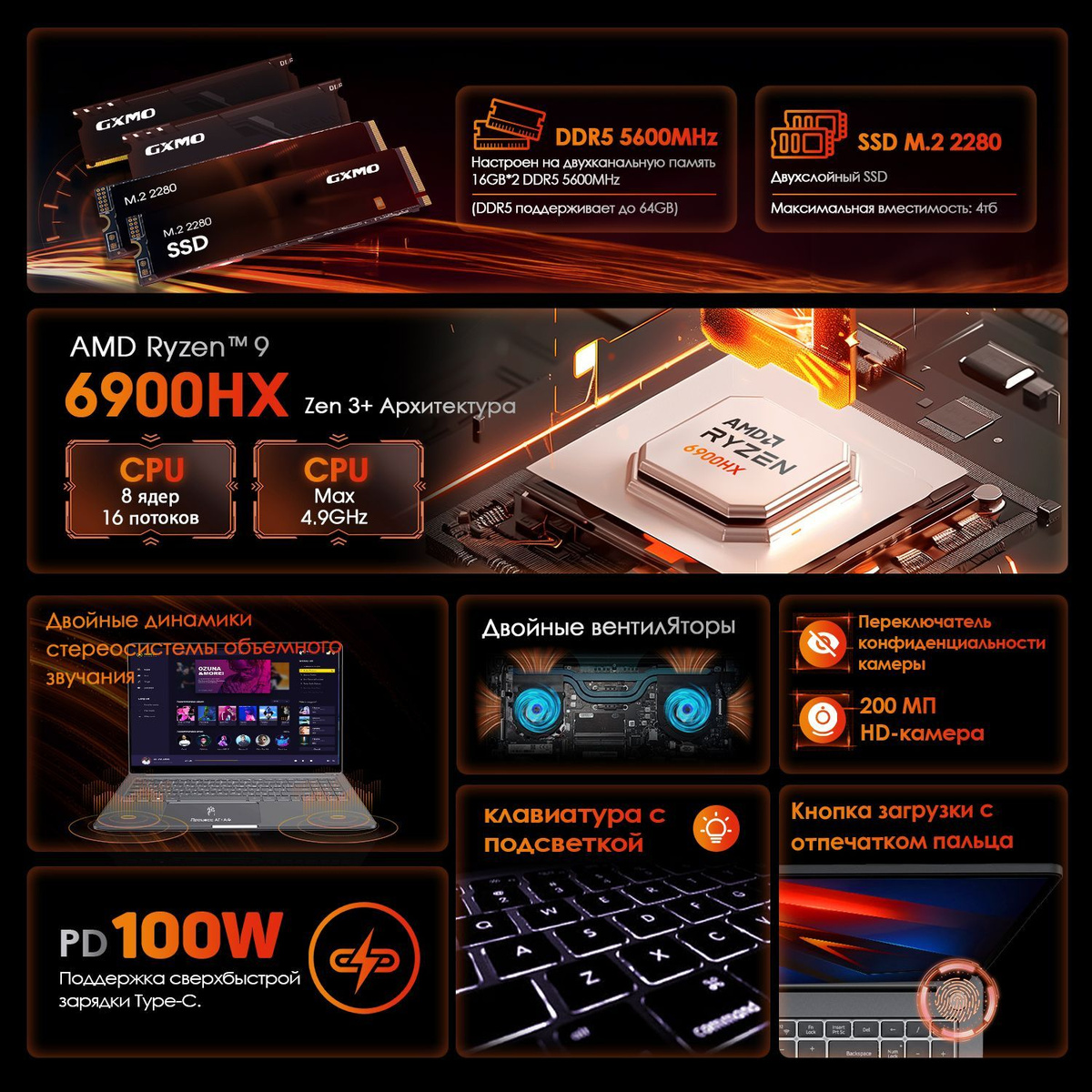 Ноутбук GXMO 6900HX AMD Ryzen 9 6900HX 32 ГБ 32 ГБ, серебристый купить ...