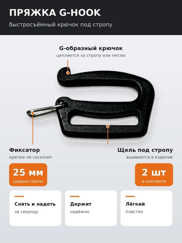 Пряжка быстросъемная G-hook 25 мм, пластиковая застежка-крючок для стропы, сумки, слинга, рюкзака, черная, 2 шт, 2 шт