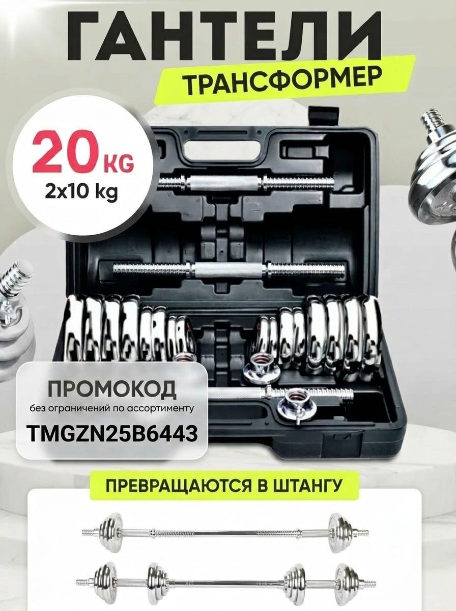 Гантели разборные с грифом набор 20 кг, стальные 2 шт по 10 кг в кейсе с коннектором для штанги