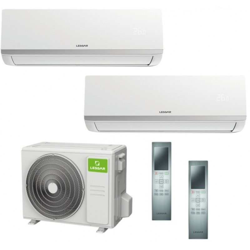 Мульти сплит-система LESSAR Flexcool на 2 комнаты 25 м2+25м2 внутренний блок LS-MHE09KCE2 2шт+наружный блок LU-2HE18FVE2 инвертор А++ до 52м2, обогрев до -15, ионизатор, i-feel, 3D поток от 25дБ