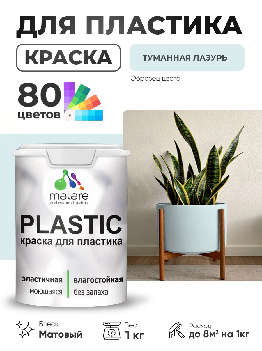 Акриловая краска для пластика Malare Plastic для пенопласта ПВХ сайдинга, для подоконников и откосов, быстросохнущая без запаха, матовая, туманная лазурь, 1 кг