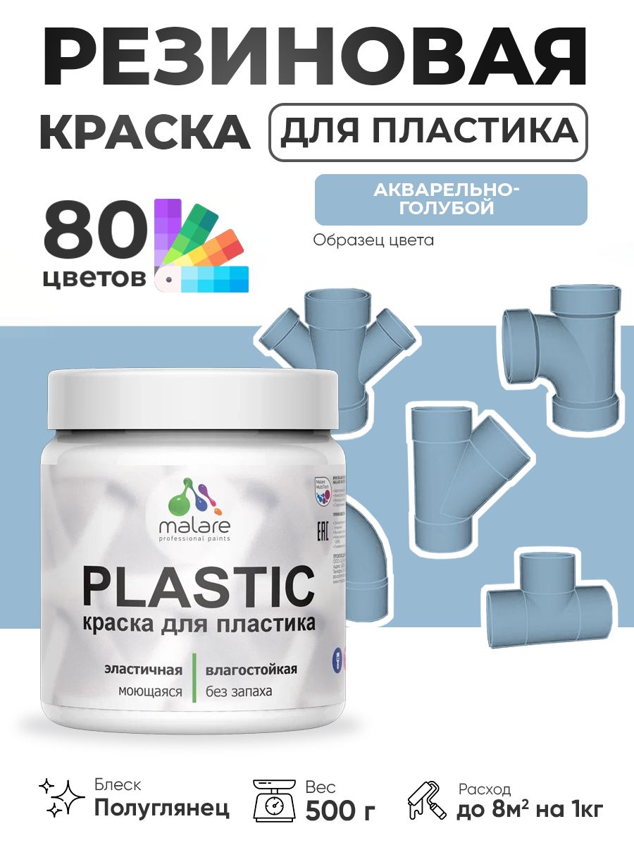 Резиновая краска для пластика Malare Plastic для пенопласта ПВХ сайдинга, для подоконников и откосов, быстросохнущая без запаха, полуглянцевая, акварельно-голубой, 0.5 кг