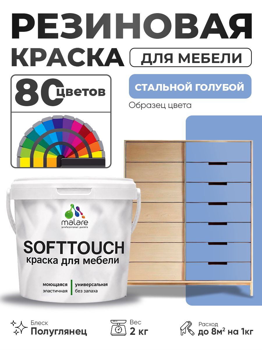 Резиновая краска для мебели Malare SoftTouch для кухонных фасадов для дерева и МДФ, моющаяся быстросохнущая, полуглянцевая, стальной голубой, 2 кг