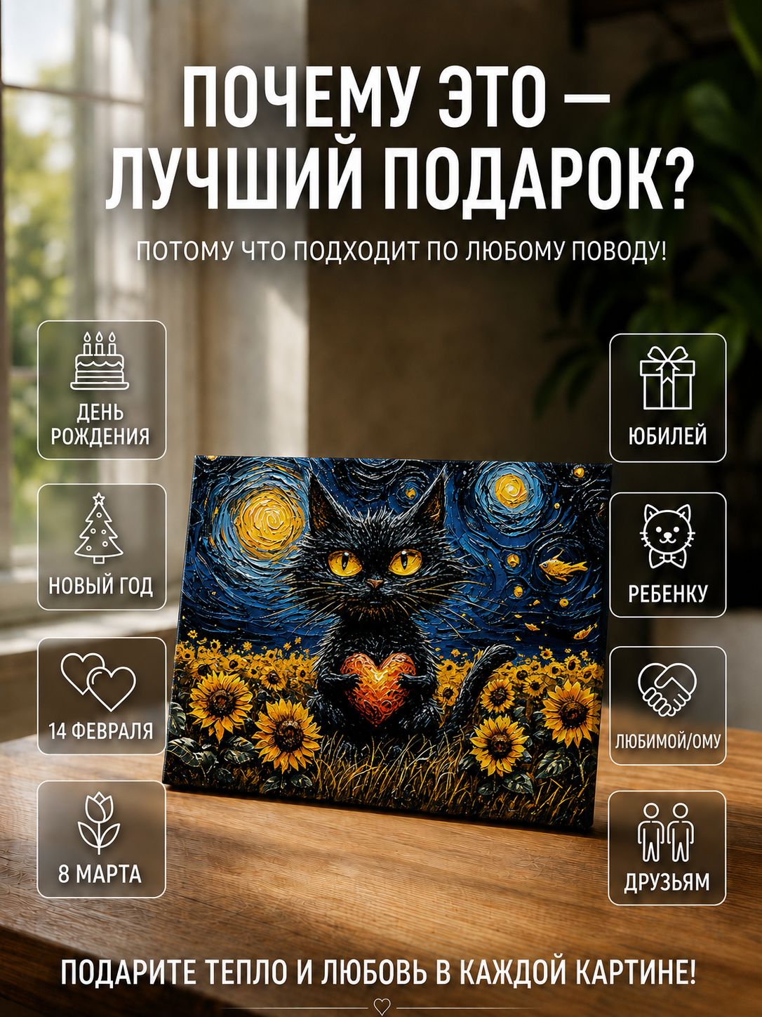 Котик с сердечком среди подсолнухов
