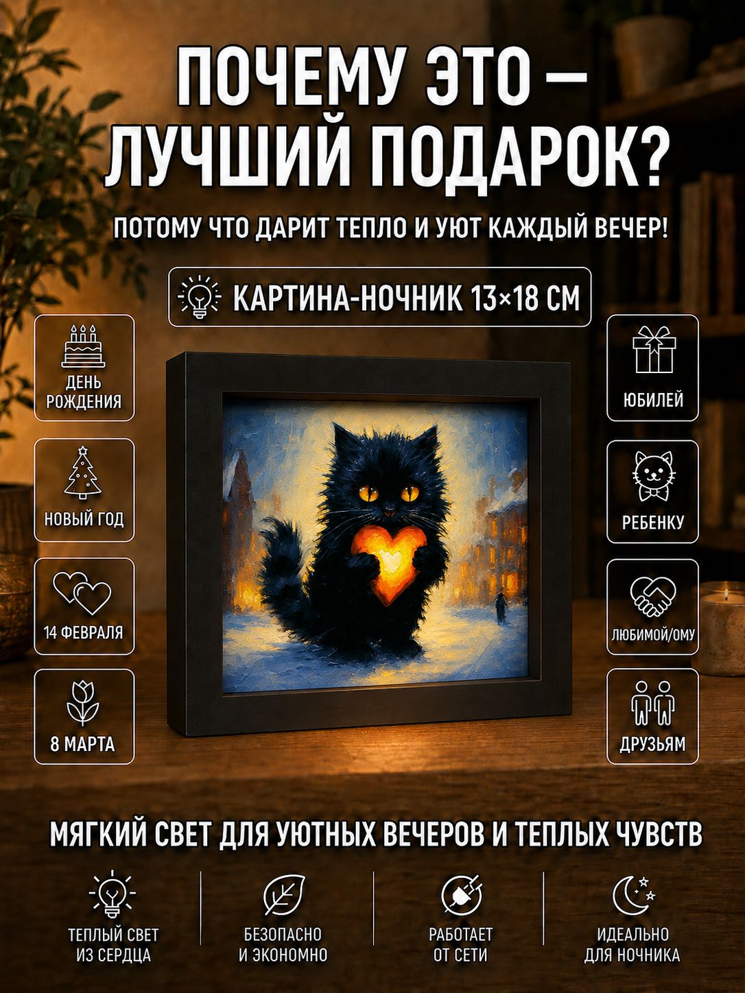 Пушистый котик с сердечком зимой