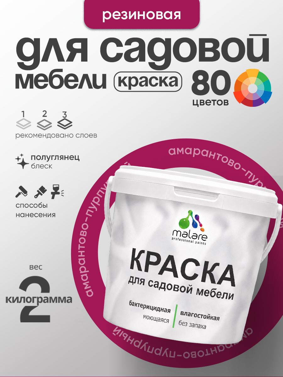 Резиновая краска Malare для садовой мебели/ по дереву, для наружных и внутренних работ/ быстросохнущая моющаяся без запаха полуглянцевая, амарантово-пурпурный, 2 кг