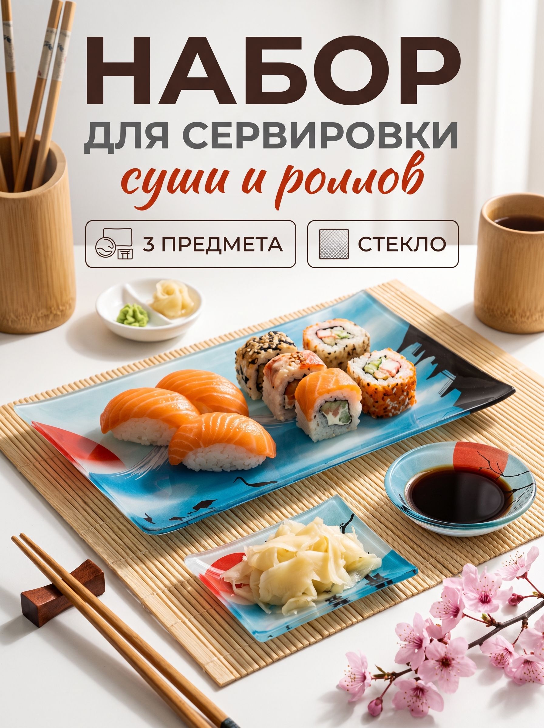 Набор посуды для сервировки стола, сервировочный набор для суши 3 предмета: соусники - размер 8х2 см, 8х6 см, блюдо для подачи- размер 25х15 см, Доляна "Журавль"