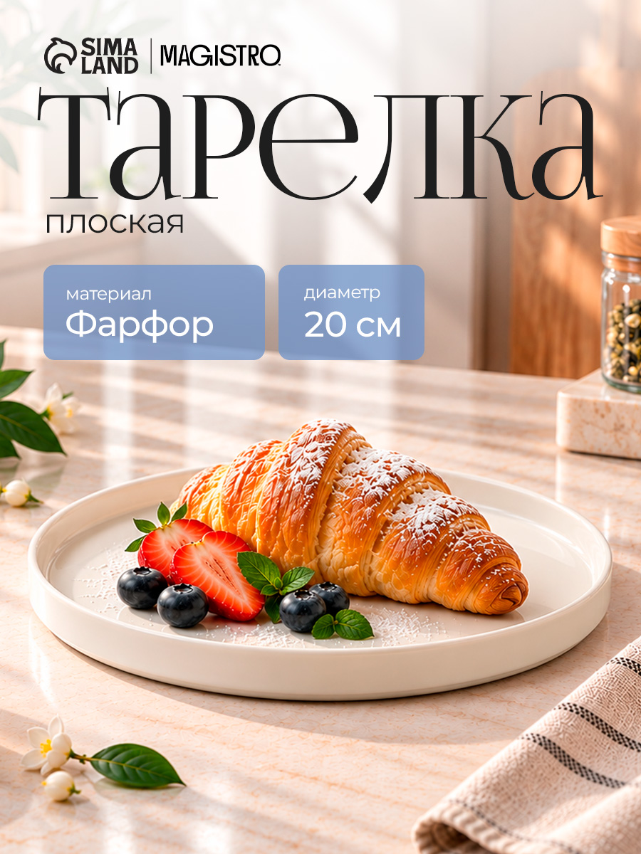 Тарелка плоская 20 см, с бортиком, Magistro "Modern", фарфоровая