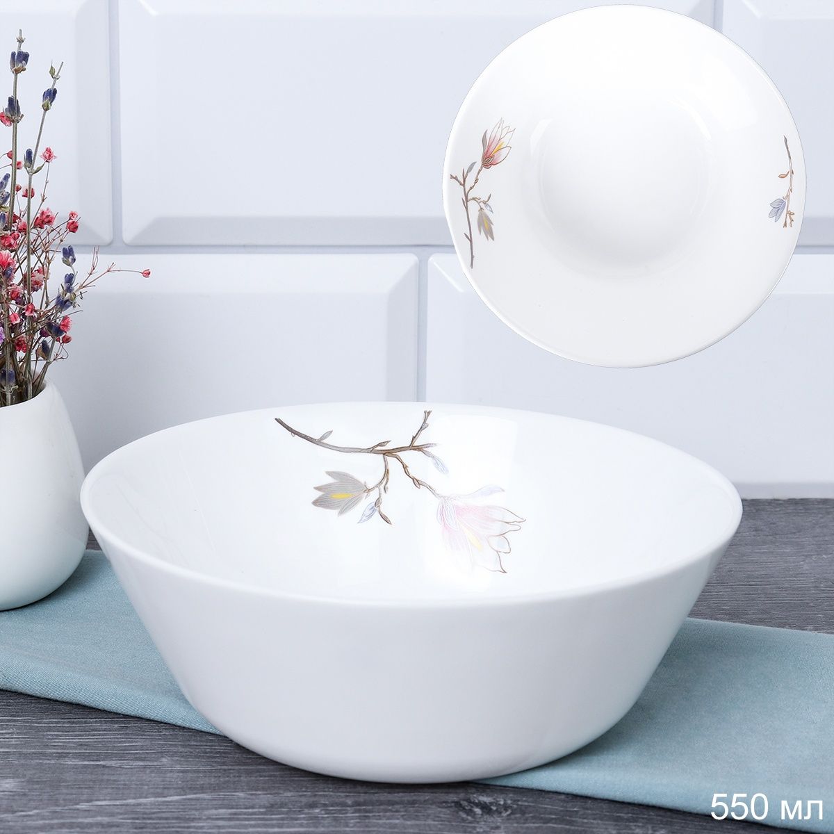 Салатник WHITE LILY глубокий Евро , 550 мл, диаметр 15,5 см, белый, стеклокерамика
