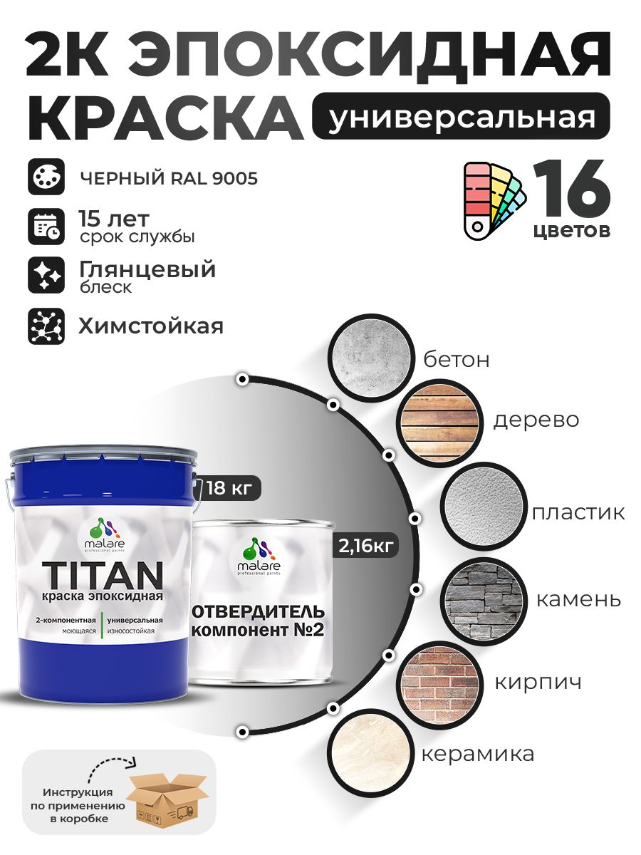 2К Эпоксидная краска Malare TITAN универсальная, двухкомпонентная влагостойкая высокопрочная износостойкая, RAL 9005 черный, глянцевая, (18 кг + 2,16кг отвердитель)