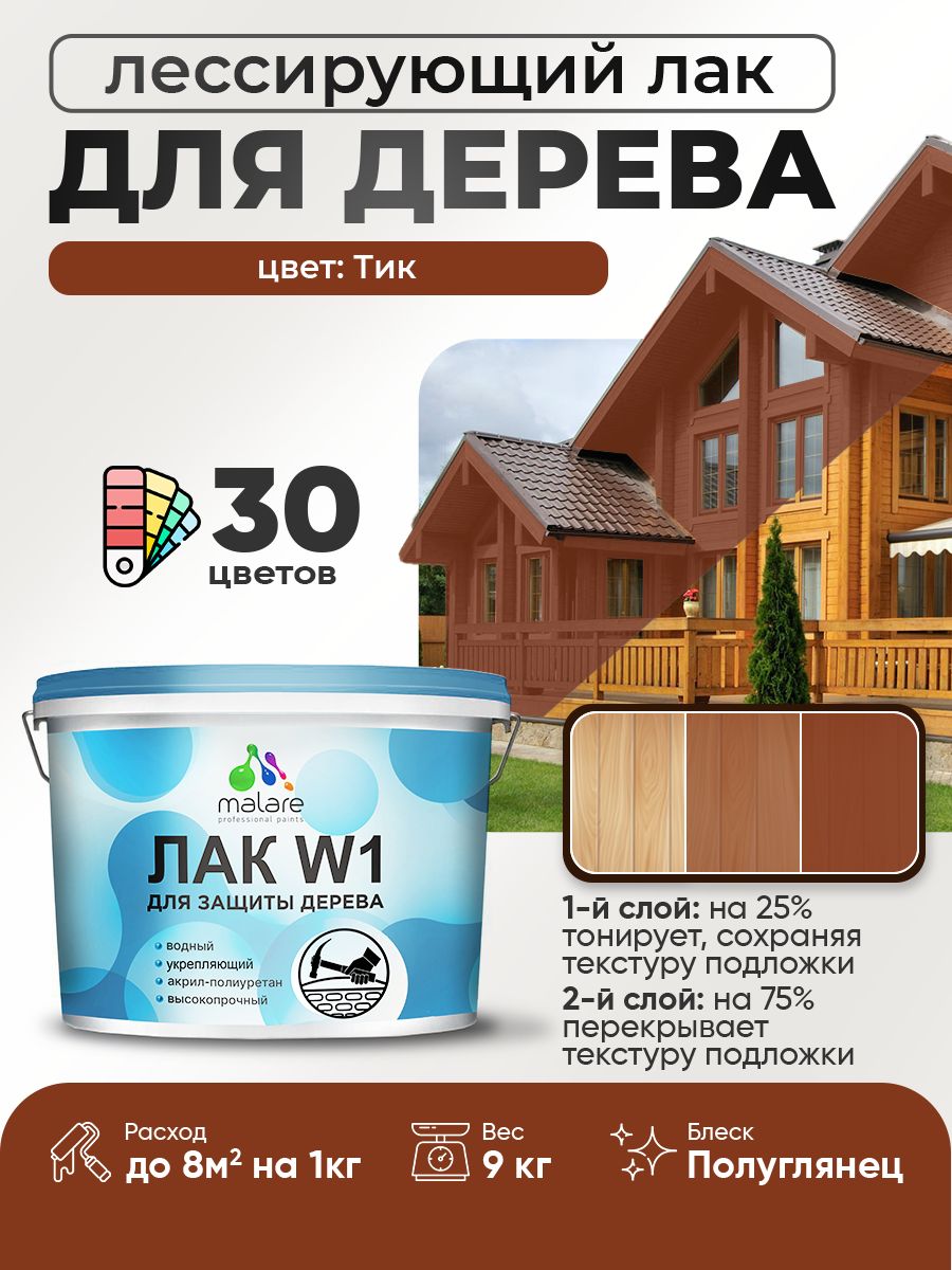 Лак колерованный тонирующий для дерева Malare W1 для деревянных и минеральных поверхностей, моющийся без запаха быстросохнущий, полуглянцевый, тик, 9 кг.