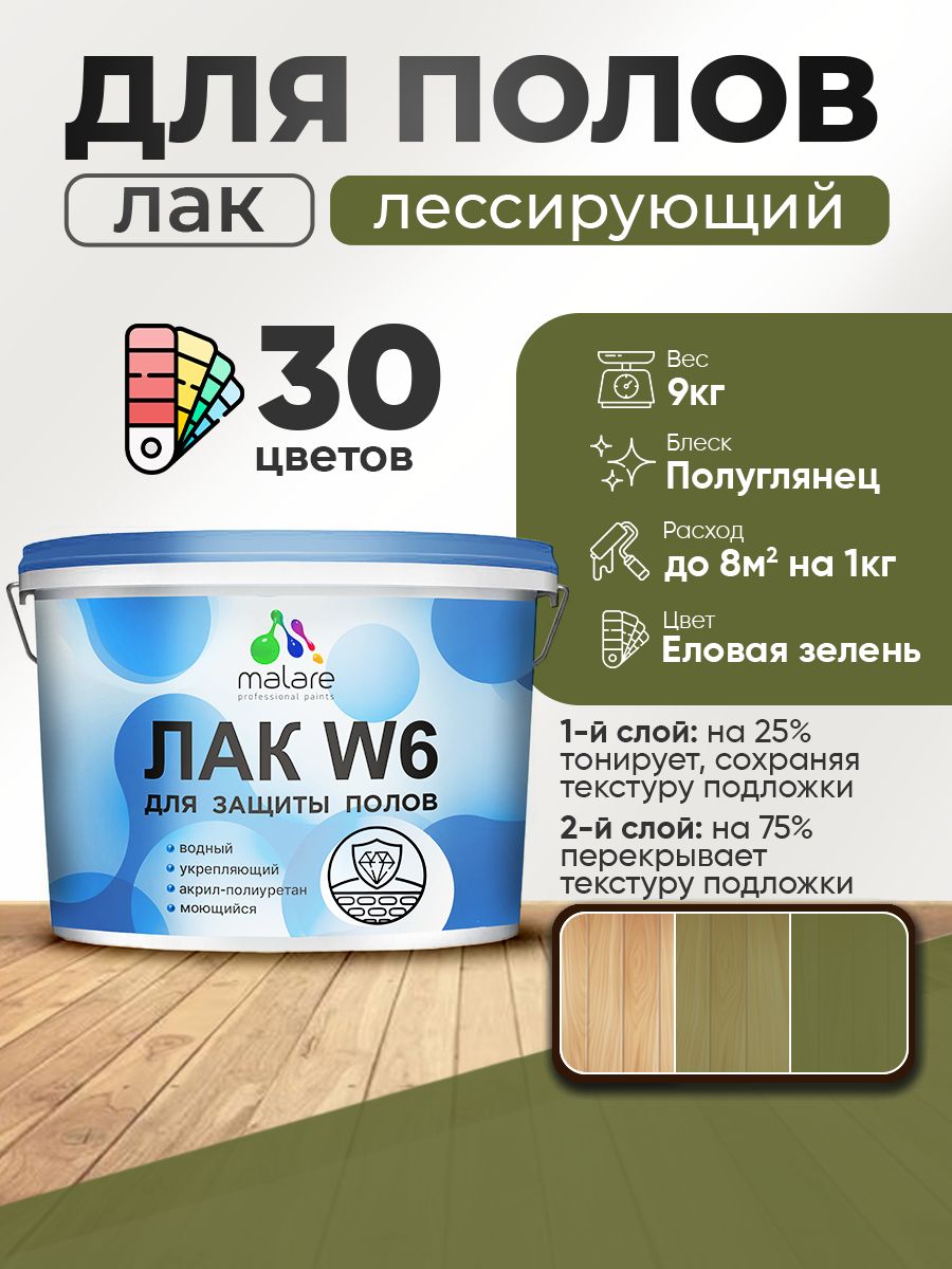 Лак колерованный тонирующий для защиты пола Malare W6 для паркета и ламината, для дерева и минеральных поверхностей, водный без запаха быстросохнущий, полуглянцевый, еловая зелень, 9 кг.