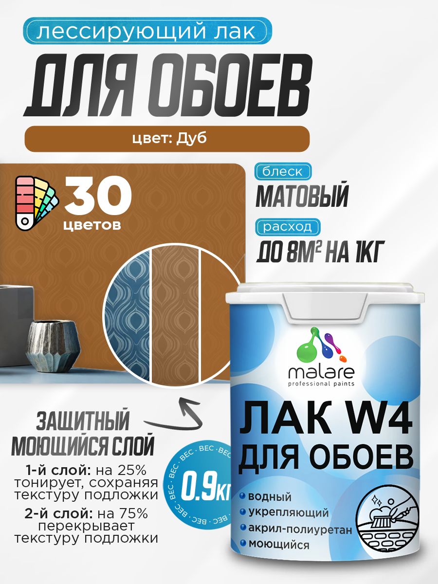 Лак колерованный тонирующий для защиты обоев Malare W4 универсальный для дерева и минеральных поверхностей, водный без запаха быстросохнущий, матовый, дуб, 0.9 кг.