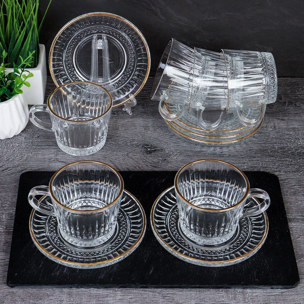 Чайный набор стеклянный 12 предметов, чашка 150 мл, с золотом Чайный набор стеклянный 12 предметов, чашка 150 мл, с золотом