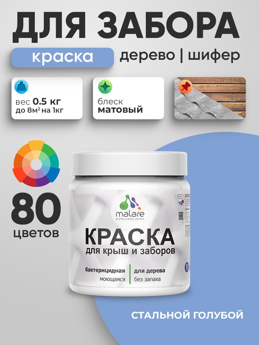 Акриловая краска Malare для деревянного забора/ по дереву для наружных и внутренних работ/ быстросохнущая моющаяся без запаха, матовая, стальной голубой, 0.5 кг.