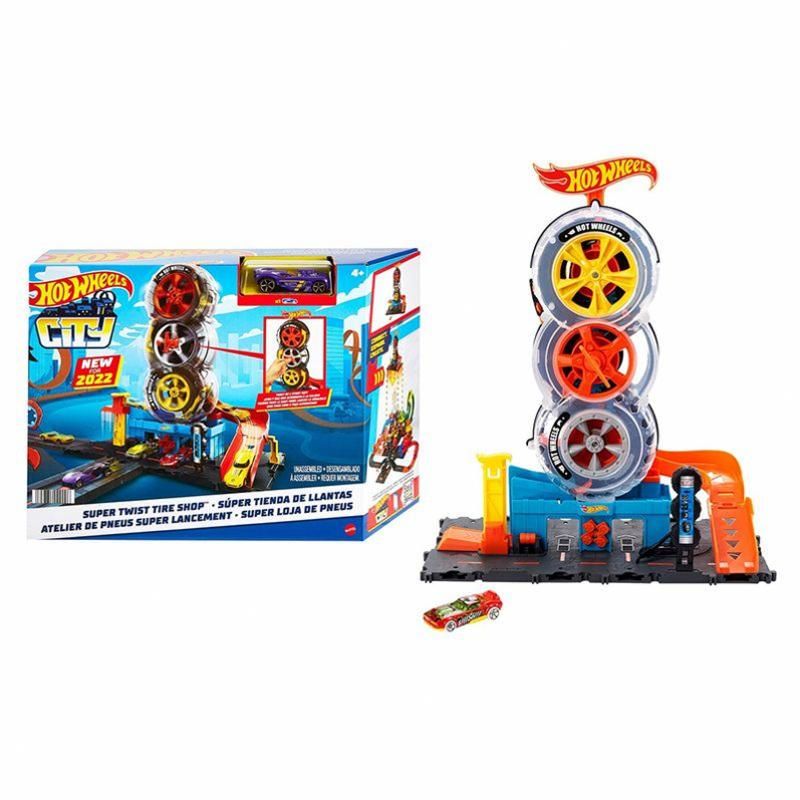 Hot Wheels City Super Twist Tire Shop, Taller Con Rueda Gigante Y Coche Incluido, Regalo Ideal Para Niños De 4 A 8 Años, Conectable A Otros Circuitos