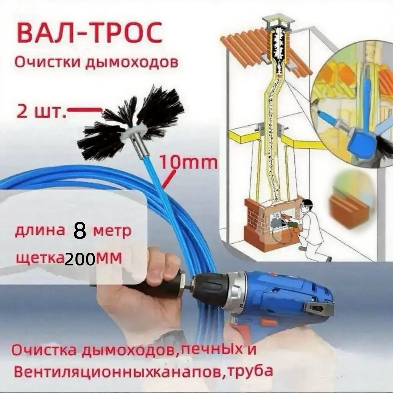 Вал-тросдлямеханическойчисткидымоходовивентиляции.Длина8м.щеткадиаметр200мм.
