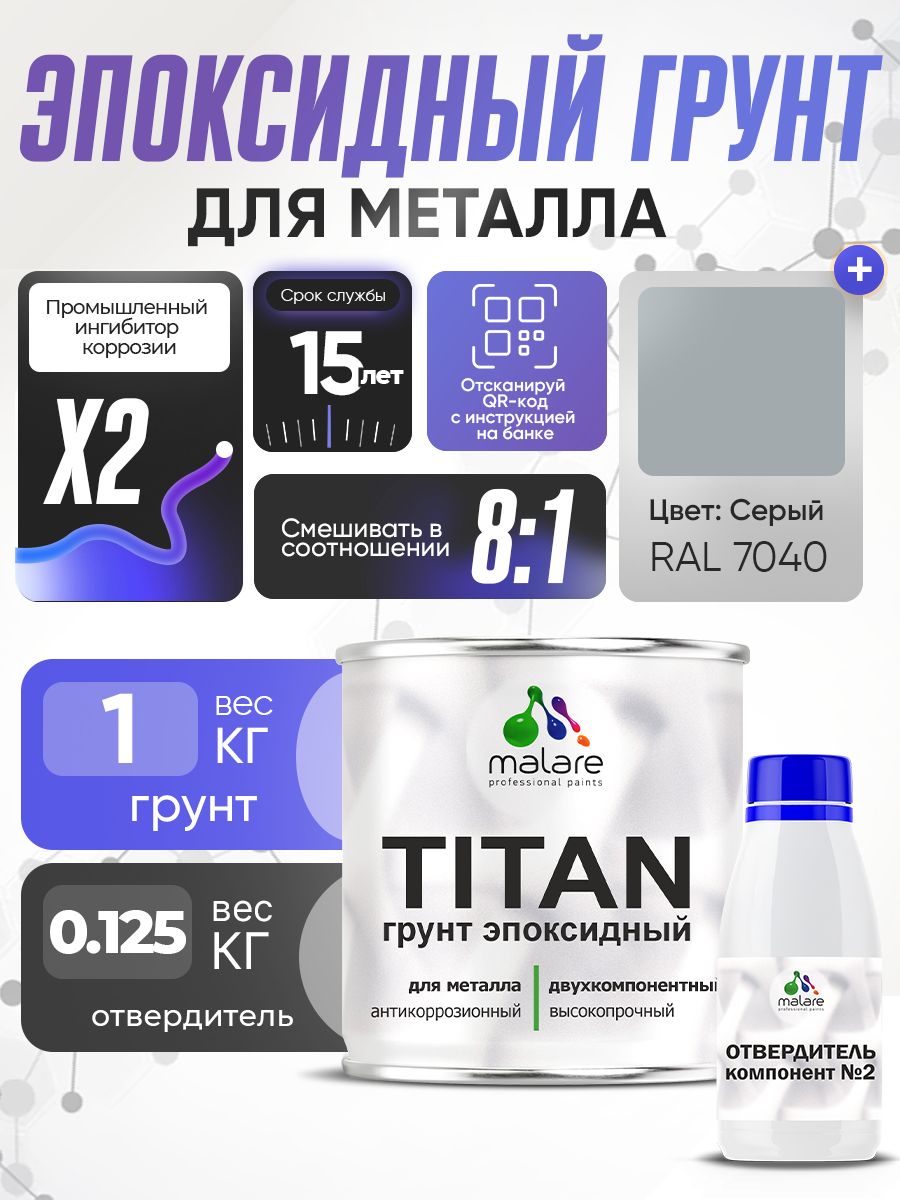 2К Грунт эпоксидный для металла TITAN Malare, двухкомпонентная грунтовка антикоррозионная высокопрочная, серый RAL 7040, 1 кг + 125 гр отвердитель