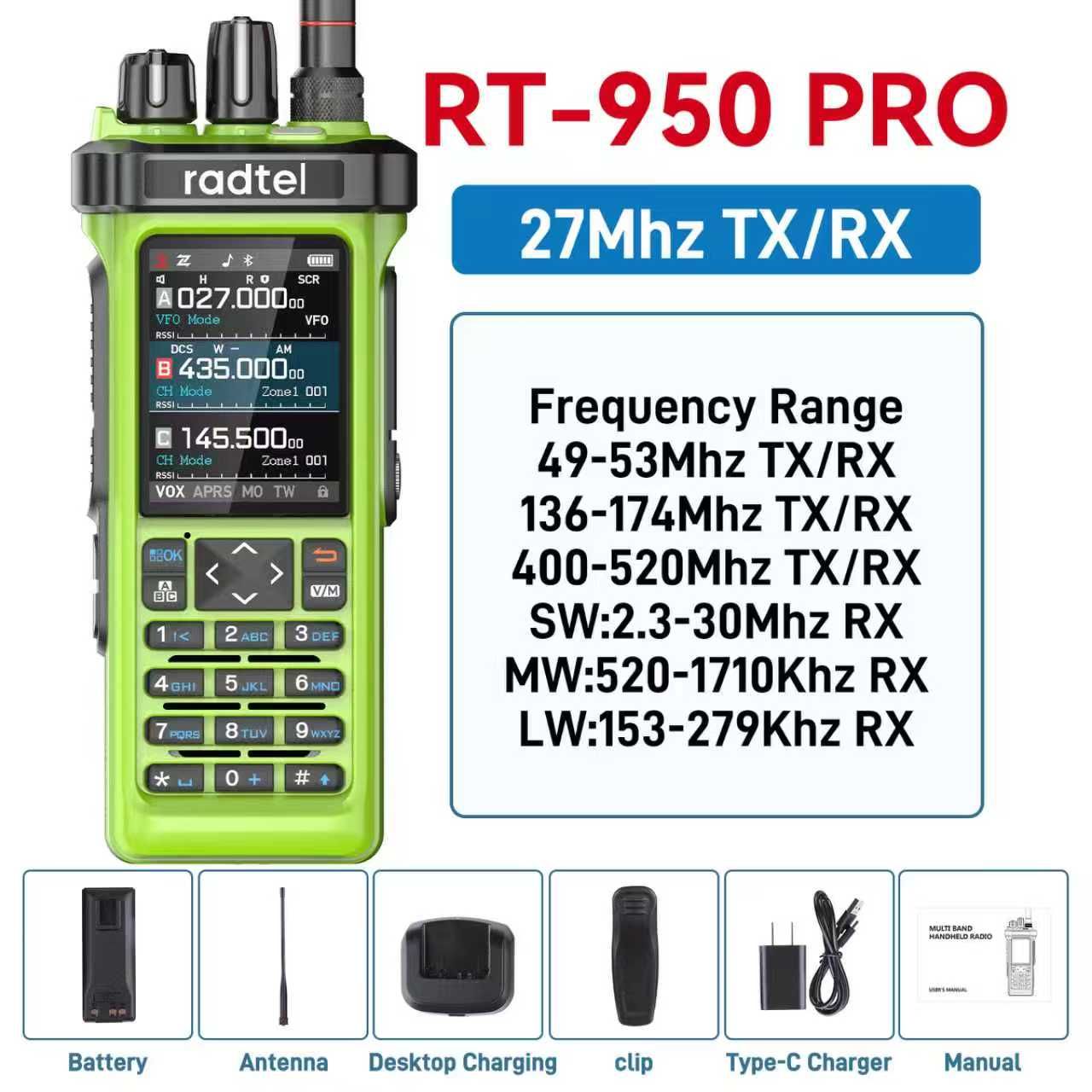 Radtel RT-950 PRO Green (27 МГц TX/RX) 10 Вт портативная рация с ...
