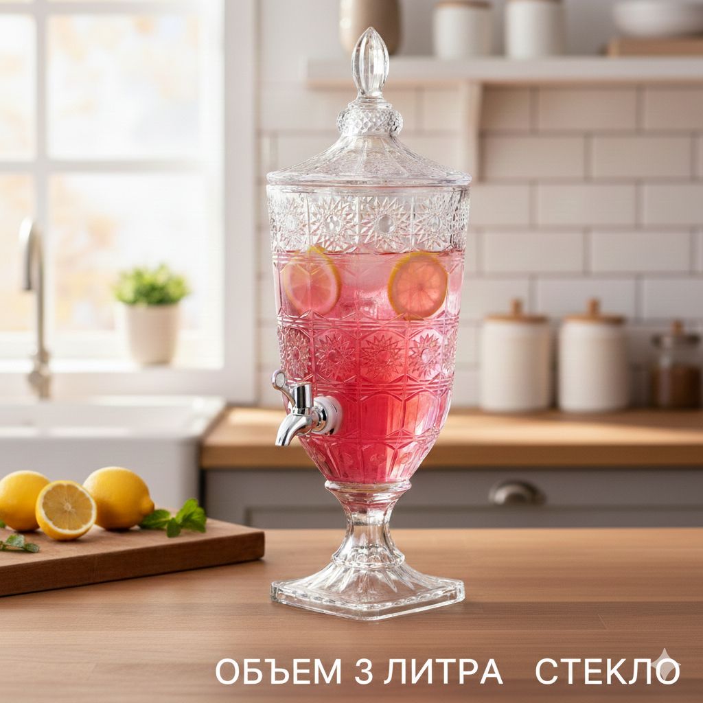 Диспенсер для напитков стеклянный 3 л с краном, лимонадник, 5451