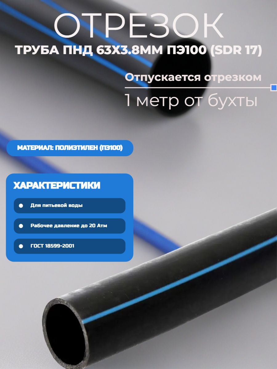 ПНДтрубадиаметром63ммтолщиной3,8ммДимпластПЭ100(SDR17)(отрезок-1метр)