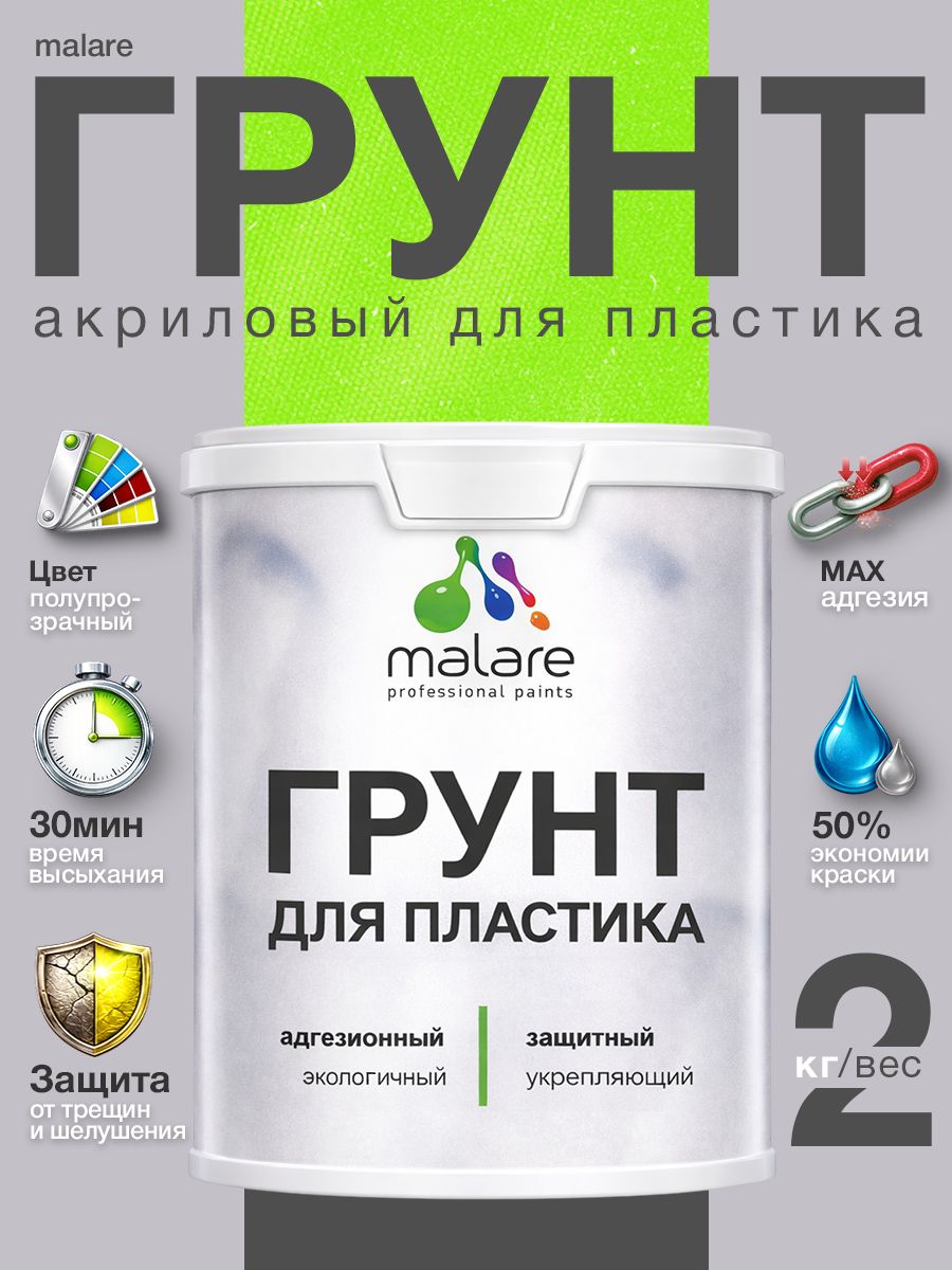 Грунт для пластика Malare акриловый адгезионный, без запаха быстросохнущий, полупрозрачный, 2 кг.
