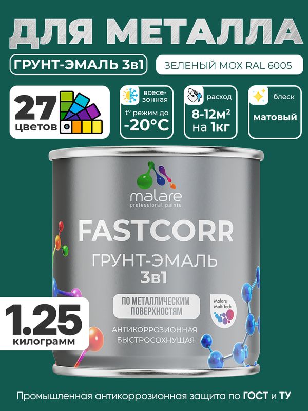 Грунт-эмаль по ржавчине 3 в 1 Malare FastCorr краска для металла, антикоррозионная износостойкая быстросохнущая RAL 6005, зелёный мох, матовая, 1,25 кг.