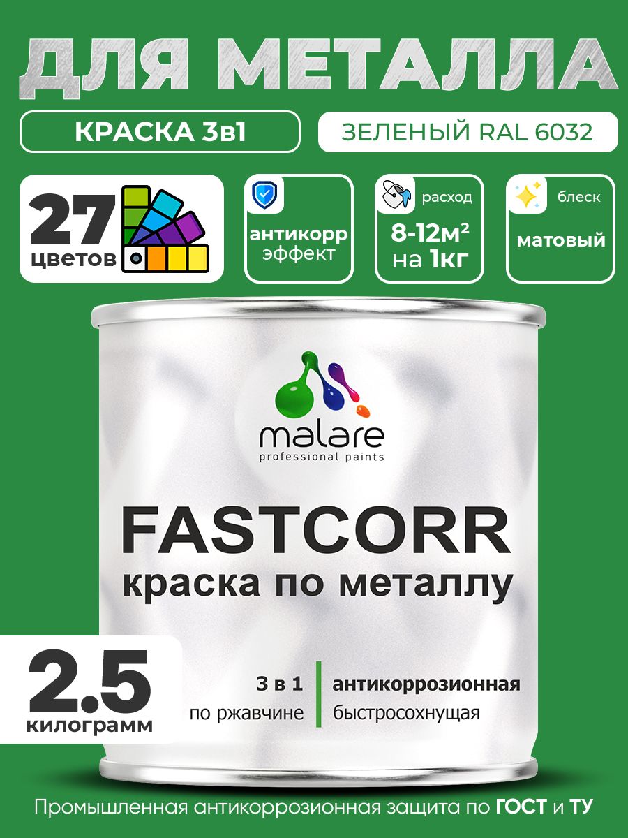 Краска для металла по ржавчине Malare FastCorr, для наружных работ износостойкая, быстросохнущая RAL 6032 зеленый, матовая, 2,5 кг