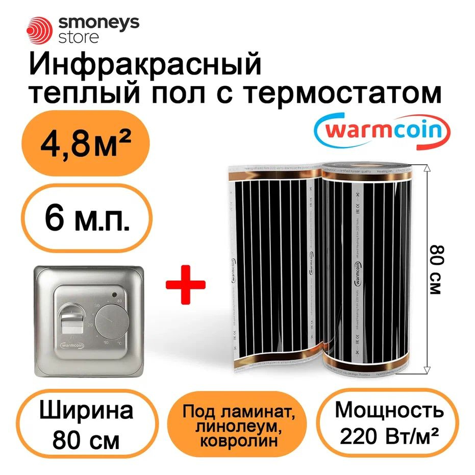 Теплый пол электрический 80 см, 6 м.п. 220 Вт/м.кв. с терморегулятором  #1