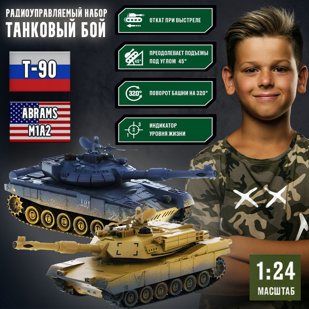 Игровой набор на радиоуправлении Танковый бой (модели танков Т-90 (Россия)  и ABRAMS M1A2 (США) с системой боя в масштабе 1:24)