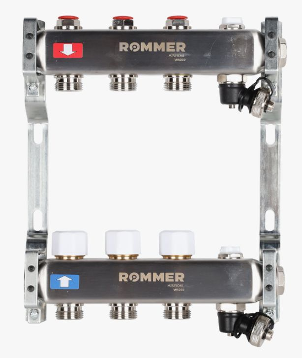 ROMMER Коллектор 3 вых. из нержавеющей стали в сборе без расходомеров с клапаном вып. воздуха и слива #1