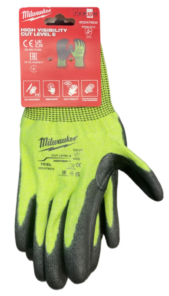 Перчатки Milwaukee Hi-VIS CUT LEVEL сигнальные с уровнем сопротивления порезам 5/E, размер XL/10, 4932479934 #1