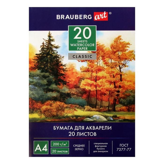 Папка для акварели Brauberg А4 210х297 мм, 20 листов, внутренний блок 200 г/м2 бумага, по ГОСТ 7277-77 #1