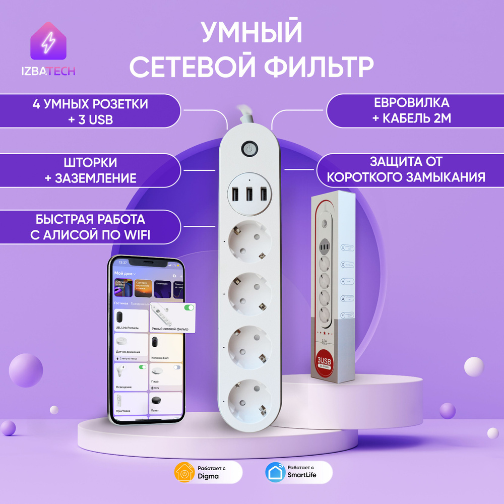 НОВЫЙ Умный сетевой удлинитель фильтр для Яндекс Алисы с WIFI на 4 розетки  + 3 USB с евровилкой шторками и заземлением