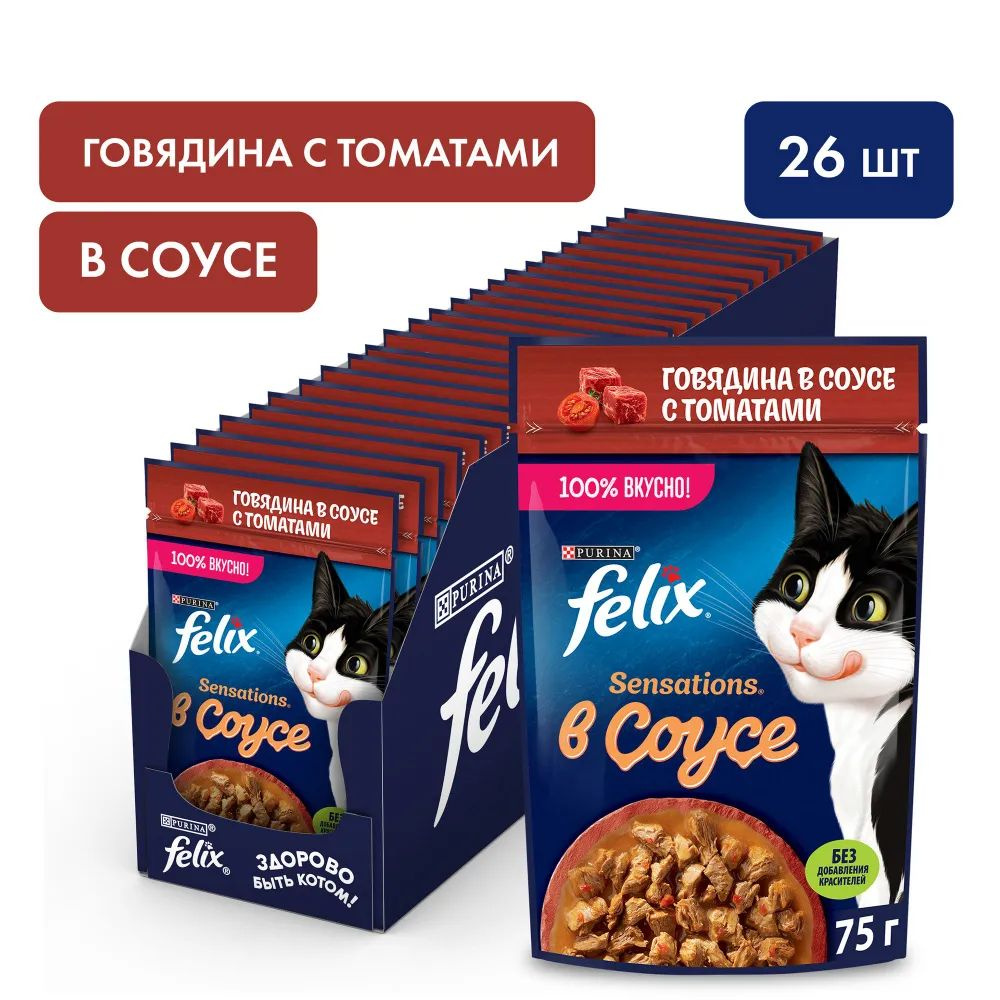 Влажный корм для кошек Felix Sensations, говядина в соусе с томатами, 75 г x 26 шт  #1