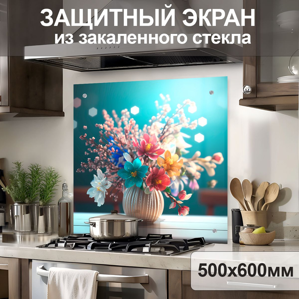 Защитный экран от брызг на плиту 600х500х4мм. Стеновая панель для кухни из закаленного стекла. Фартук #1