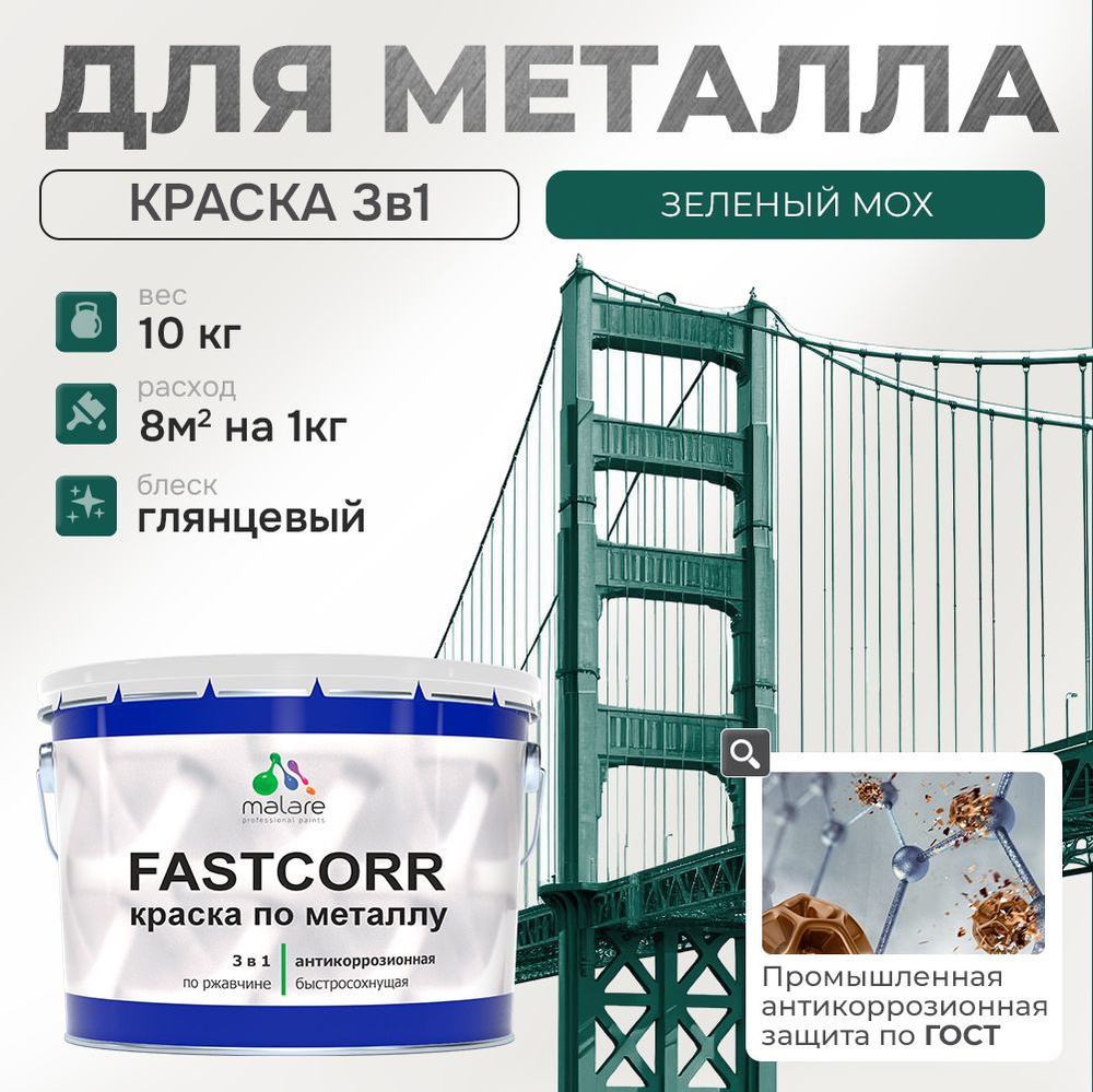 Краска для металла по ржавчине Malare FastCorr, для наружных работ износостойкая, быстросохнущая RAL #1