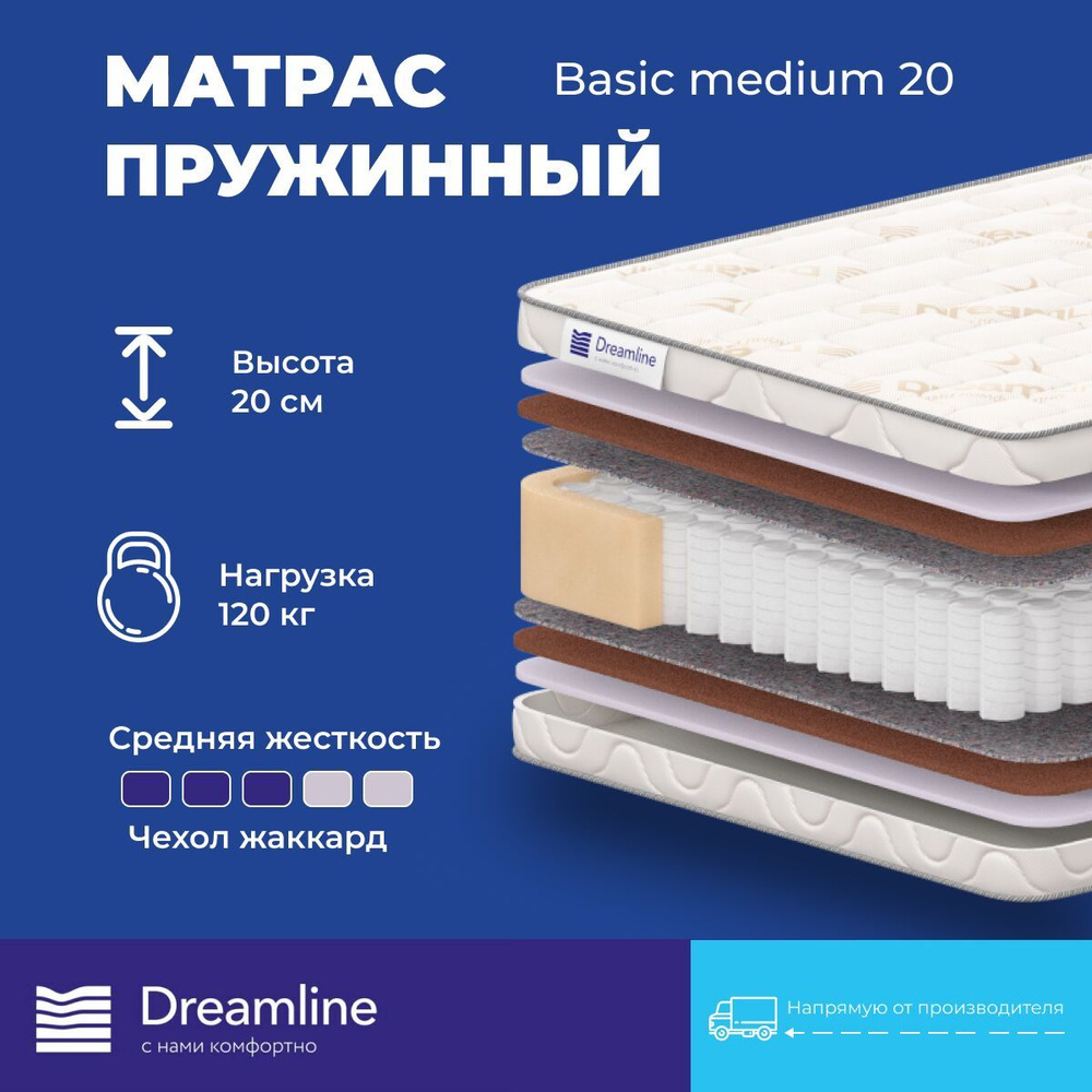 Матрас Dreamline Basic Medium 20 125х170 высота 20.06 см нагрузка 120.03 кг на кровать, анатомический, #1