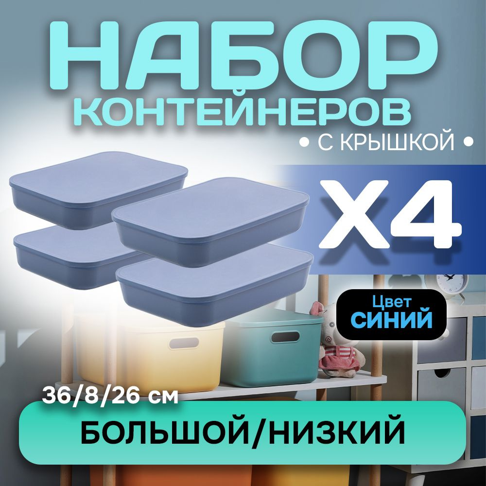 Набор из 4-х контейнеров с крышкой для хранения пластиковый цветной SH179 (синий низкий большой)  #1